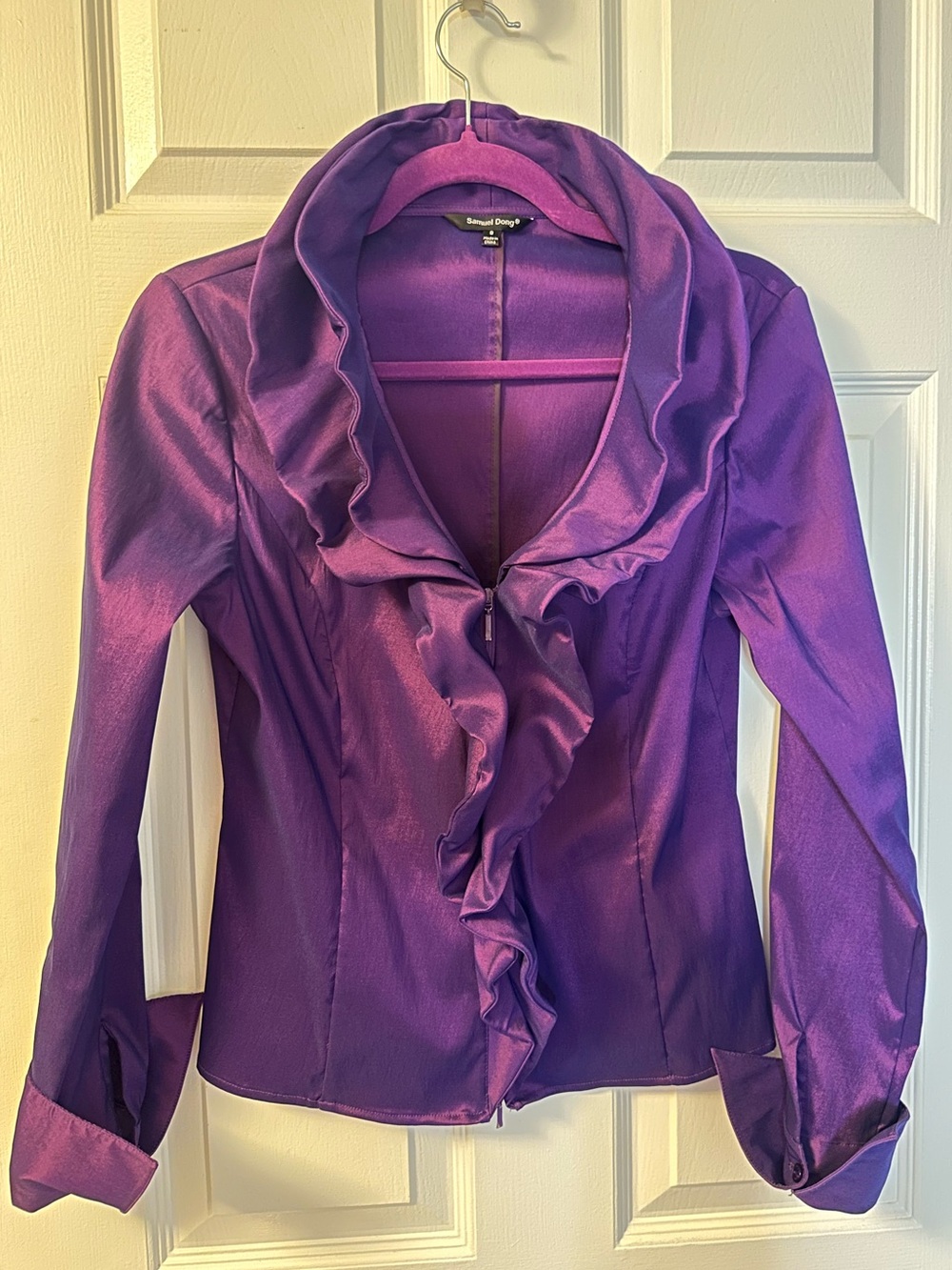 Samuel Dong Shimmery Purple Ruffle Front Blouse